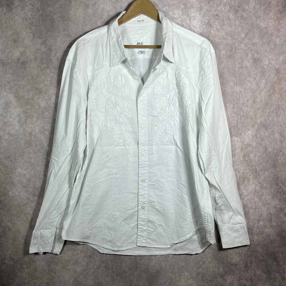 BKE Shirt Mens Size XXL White Long Sleeves Button Up Slim Fit Embroidered Casual